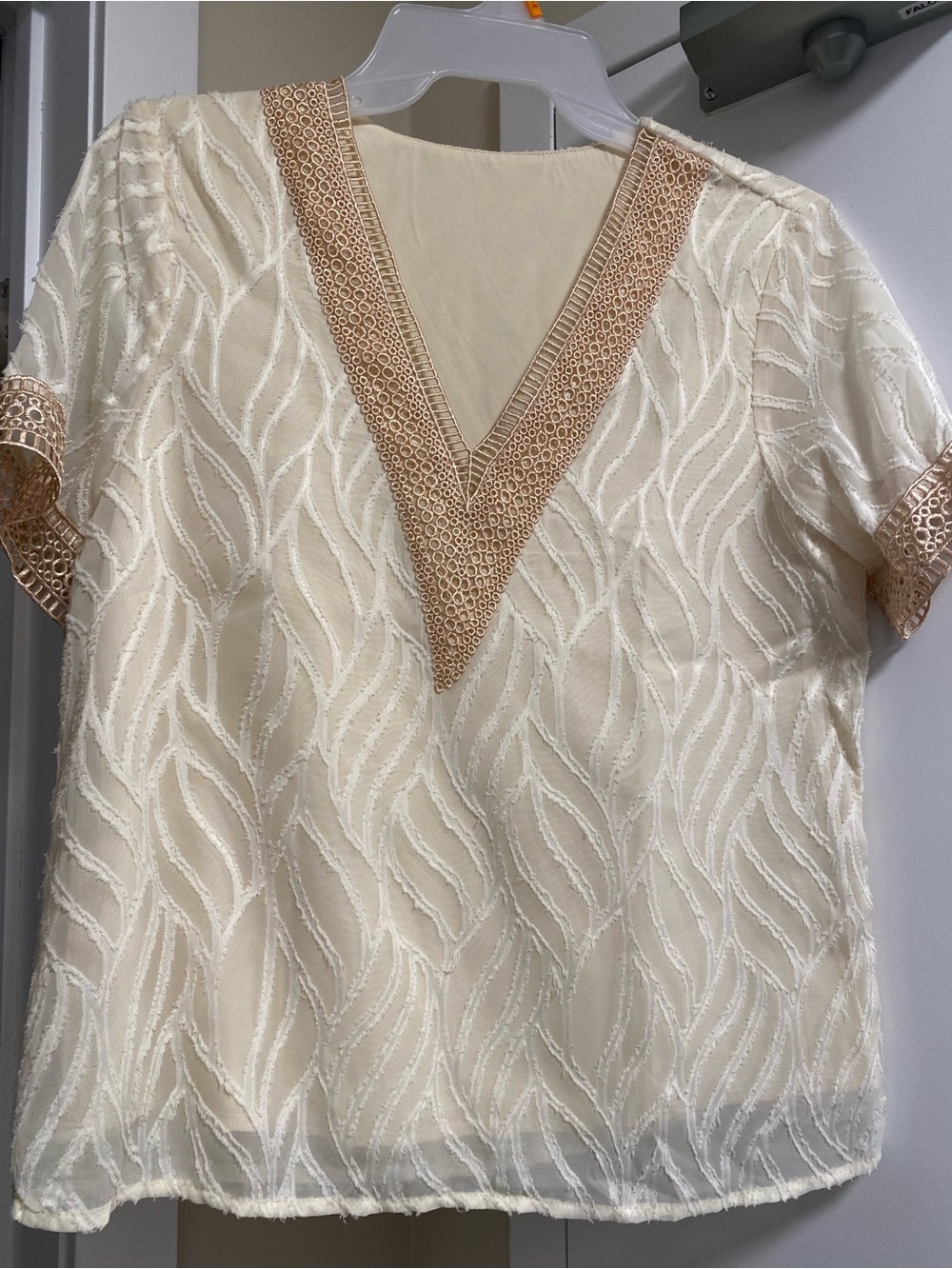 Cream Lace-Trim V-Neck Women's Blouse